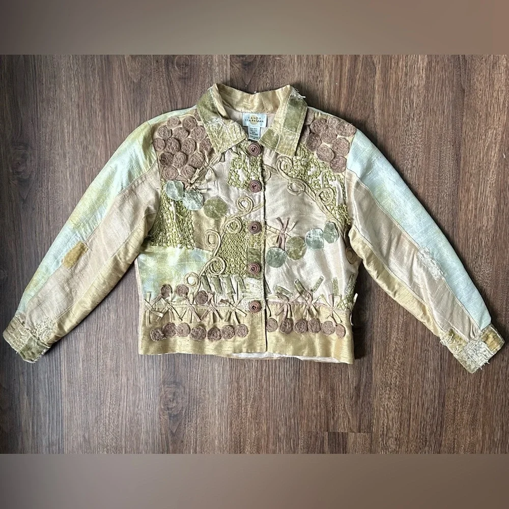 SANDY STARKMAN Silk Patchwork 3D Applique Jacket Art Wear Lagenlook Funky Size M